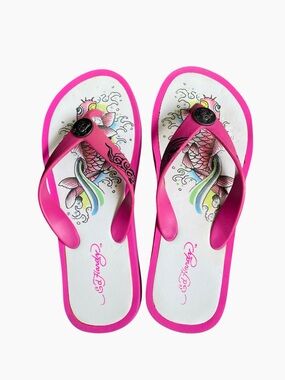 Ed Hardy platform flip flops  pink and white with koi fish